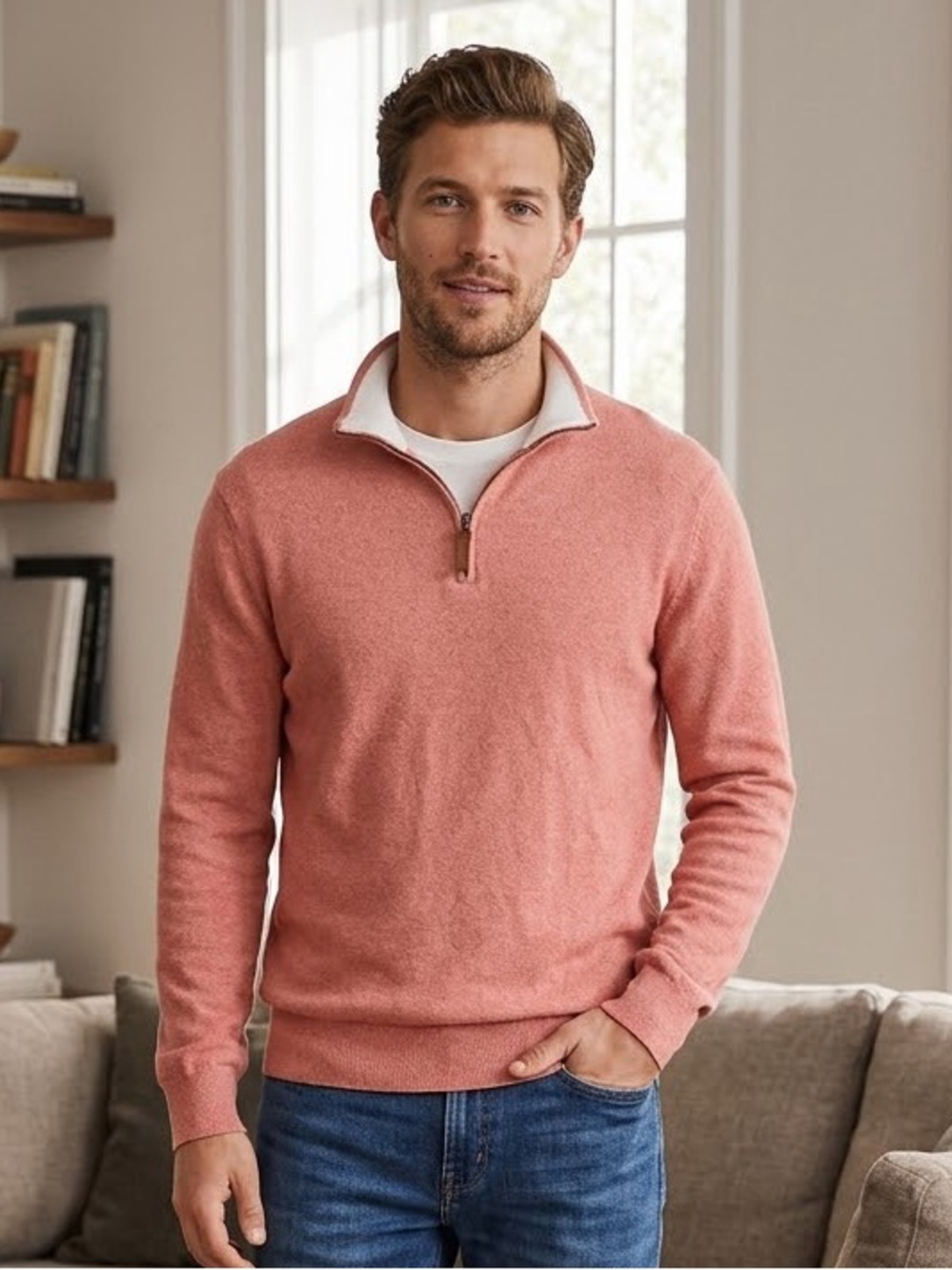 J. Crew Men's Coral Quarter-Zip Sweater